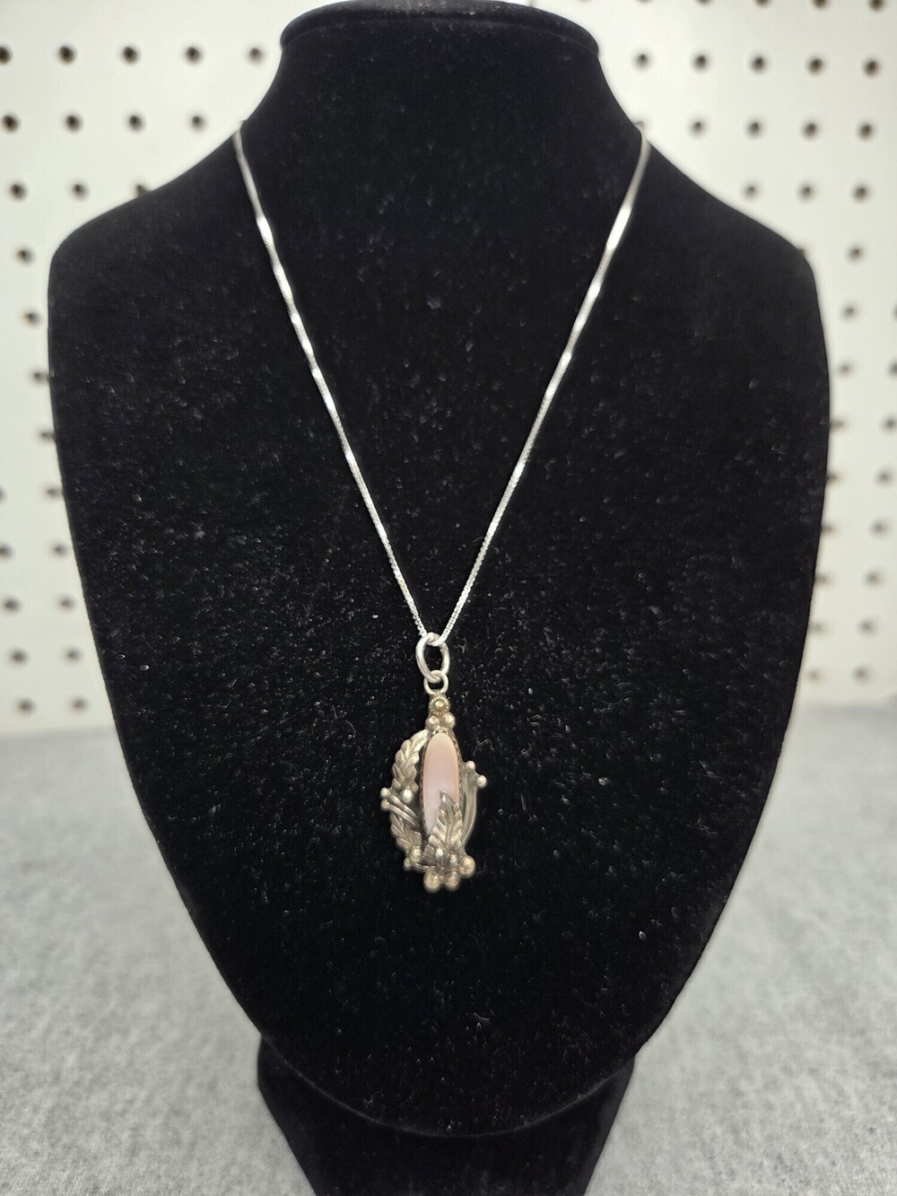 Vintage Navajo Signed AL Sterling Silver Pink Chalcedony Pendant Necklace